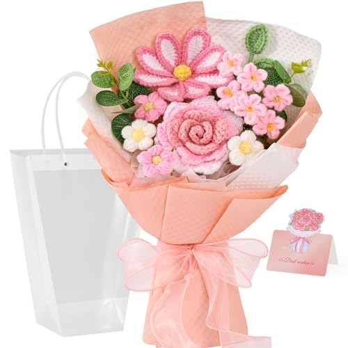 Alecono Crochet Flower Bouquet, Knitted Flowers, Pink Handmade Bouquet of Flowers for Mother's Day Anniversary Birthday Party Graduation Valentine's Day Gifts (Include Card) - color: Pink