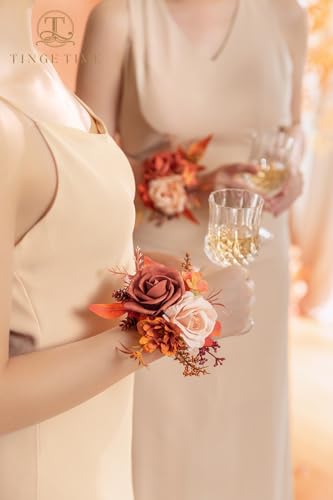 TINGE TIME Set of 2 Wrist Corsage Bracelets Pearl Wristlet Band Bridesmaid Bracelet for Wedding Ceremony Bridal Shower Wedding Artificial Flower Prom (Maple Red) - color: Maple Red