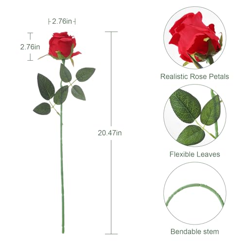12Pcs Realistic Fake Red Roses Faux Flowers with Long Stems, Artificial Silk Rose Flowers for Valentines Day Home Wedding Decor Bridal Bouquet - color: Red
