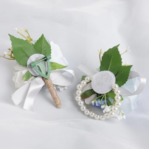 Alizeal 2Pcs of Wrist Corsage and Boutonniere Set, Artificial Flowers Accessories Suit Decor for Wedding Prom Party Homecoming Ceremony, Blue+White - color: 701-blue+white