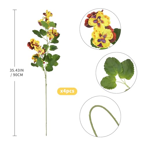 4 PCS Silk Pansies Artificial Flowers 35.43" Yellow Fake Pansy with Long Stems Faux Pansies Spring Flower Arrangements for Vase Home Outdoor DIY Wedding Party Decor(Yellow) - color: Yellow