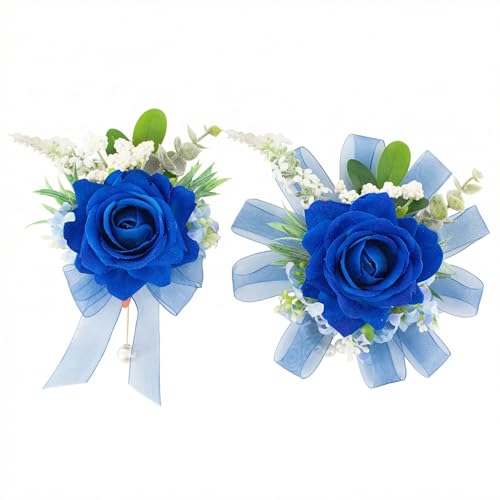 Royal Blue Corsage and Boutonniere Set, Corsage Wristlet for Women and Boutonniere for Wedding Prom Homecoming, Artificial Rose Flowers Boutonniere and Wrist Corsage - color: Royal Blue