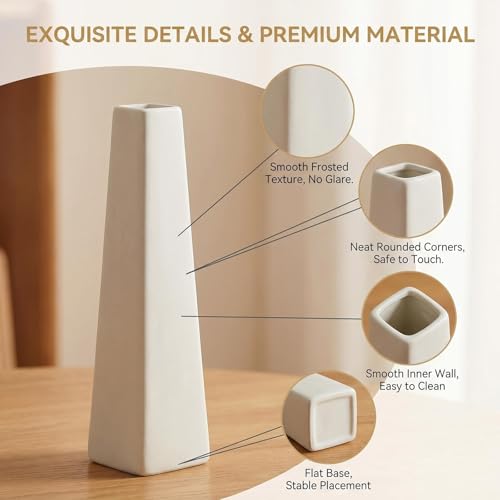 7.08 Inch Ceramic Bud Vase, Tall Square Single Stem Flower Vase, Modern Decor Floral Centerpiece for Wedding Table Office Home Shelf White - color: White