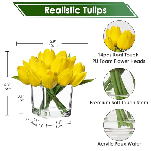 DILATATA Artificial Yellow Tulips in Vase with Faux Water 5.5" Real Touch Flowers Fake Tulips Small Flowers Arrangement in Cube Glass Vase for Mother's Day Table Centerpiece Wedding Home Decor - color: Square Vase/Yellow/1 Set