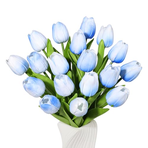 Beferr 18pcs Tulips Artificial Flowers Faux Tulip Real Touch Tulip Fake Flowers Bouquets Arrangements for Mothers Day Spring Easter Wedding Home Table Decor Blue - color: E-18pcs-3colors-mix Blue, size: 18PCS