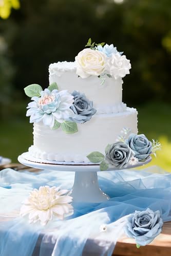 rongflower Blue Artificial Flowers Combo Box Set Silk Flowers Fake Rose for DIY Floral Arrangements Wedding Bouquets Centerpieces Baby Shower Party Home Decorations - color: Blue