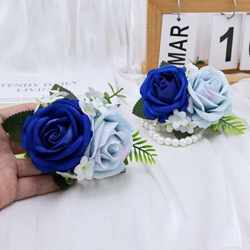 2Pcs Light Blue & Blue Rose Wrist Corsage Wristlet Band and Boutonniere Set, for Wedding Bride Bridesmaids Men Groom Groomsmen Artificial Flowers Accessories Prom Party Suit Decor - color: Light Blue & Blue