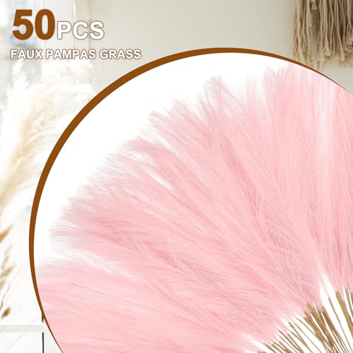 uxcell 50 Pcs Faux Pampas Grass 52cm/20.5" Artificial Fake Dried Pampas Grass Decor with Stem for Floor Vase Filler, Wedding Decoration, Home Decoration, Light Pink - color: Light Pink