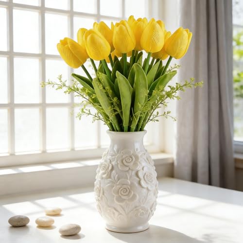 Artificial Tulips Bridal Wedding Festival Decor Bouquet Real Touch PU Flower Bouquet Pack of 20 (Yellow) - color: Yellow