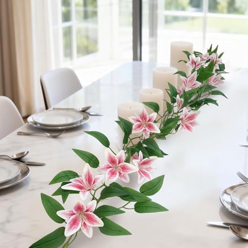 SNAIL GARDEN 2 Pack（14.6ft ） Fake Lilies Flower Vines, Pink Vines Lilies Flowers with 16 Heads, Flower Vines for Decoration ，Fake Flower Vines for Home, Garden, Table Centerpiece, DIY Wreath