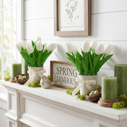 Suncalla 2 Pack Small Artificial Tulips Plant in Pots Faux Flower Potted Plants White Arrangement Rustic Home Decor 7.9" Tall for Farmhouse Table Centerpiece Windowsill Country Indoor Decor - color: White, style: Tulip