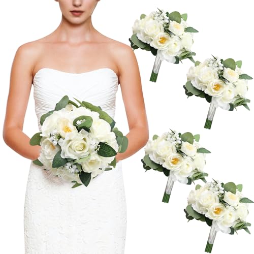 Set of 4 Bridesmaid Bouquets, 11 Inch Wedding Artificial Flower Bouquets for Wedding Ceremony Bridal Shower Decorations - White - color: Ivory White, size: Set of 4 Bouquets