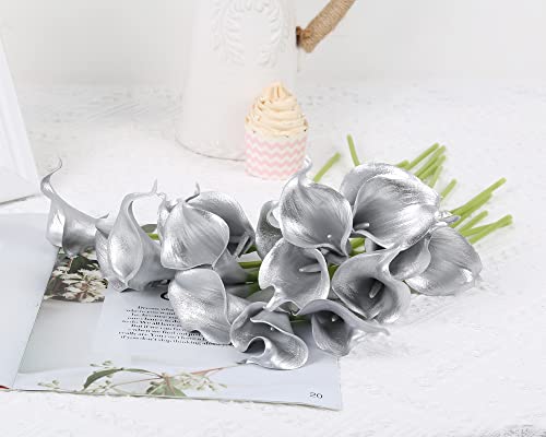 IPOPU Silver Calla Lily Artificial Flowers, 24pcs for DIY Wedding Bouquets, Centerpieces, Bridal Shower, Party, Home Flower Arrangement Decorations - color: Silver