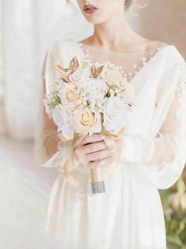 Wedding Bouquets for Bride & Bridesmaid, 9 Inch Artificial Rose Bridal Bouquet, Ivory White & Champagne Silk Flowers for Wedding Ceremony, Church, Party Decoration (White Champagne) - color: White Champagne