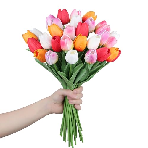 SITUMEIZI Fake Flowers Tulips Artificial PU Flower 15pcs Real Touch 14" for Spring Easter Home Kitchen Wedding Bouquet Bulk Mother's Gift Day Decorations(Multicolor,5-3) - color: Sunset Red,rose Red#,red,light Purple,white