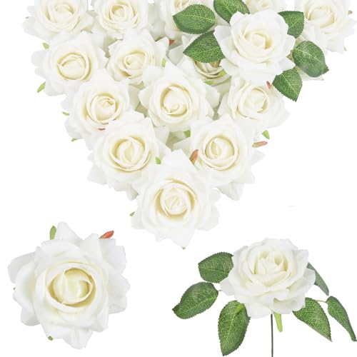 White Roses 16pcs Velvet White Artificial Roses Flowers 3.15" Silk Roses for Bridal Bouquet Wedding Flowers for Floral Centerpieces Home Party Decor (White) - color: 3.15" White