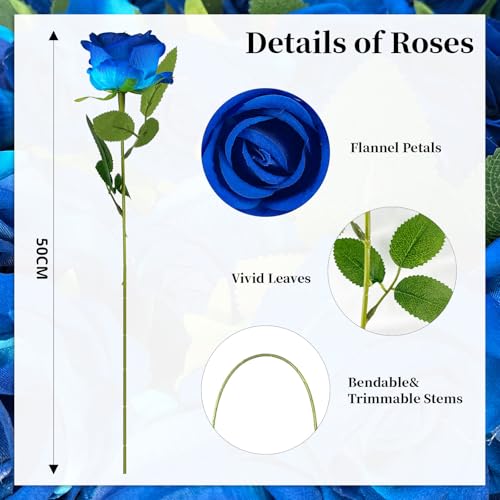 10 PCS Artificial Roses with Long Stems Silk Flowers Realistic Foam Flowers Fake Roses for Valentine's Day Home Wedding Halloween Decor(Blue) - color: Blue