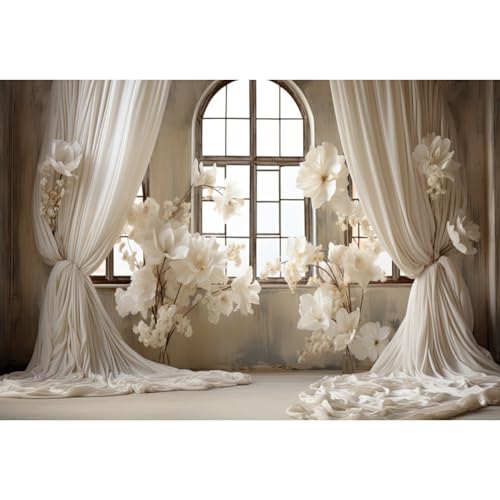 10x7ft Wedding Party Decorations Banner Backdrop Wedding Reception Photography Backdrop White Floral Flowers Curtains French Frame Photo Backgrounds Baby Shower Photo Shoot Portraits Props - size: 10x7ft
