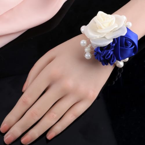 Wedding Prom Party Satin Rose Wrist Corsage Flower, 2Pcs Boutonniere and Wrist Corsage Wristband Roses Prom Flower Wedding Flowers Accessories Prom Suit Decorations (Royal Blue) - color: Royal Blue