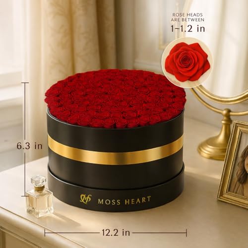 100 Petite Preserved Roses, Large Round Shaped Box, Real Forever Roses Last 1+ Year, Romantic Gift for Women, Wife, Girlfriend, Mother’s Day, Birthday, Anniversary, Valentine’s Day - color: Red, size: 100 Roses
