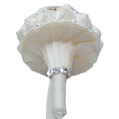 S_SSOY Wedding Bouquet Bride Bridal Brooch Bouquets Bridesmaid Ivory Cream Gold Bouquet Diamond Pearl Ribbon Valentine's Day Confession Party Church with Free Corsage Flower, 18x25cm - size: 18x25cm