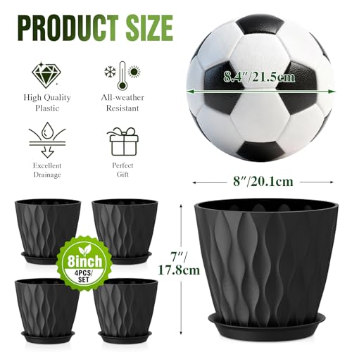 8 Inch Wave Plant Pots with Drainage Holes & Saucers, 4 Pack Modern Textured Medium Planters for Indoor Outdoor Plants, Decorative Flower Pots Repotting Set for Flowers, Herbs (Black) - color: Black
