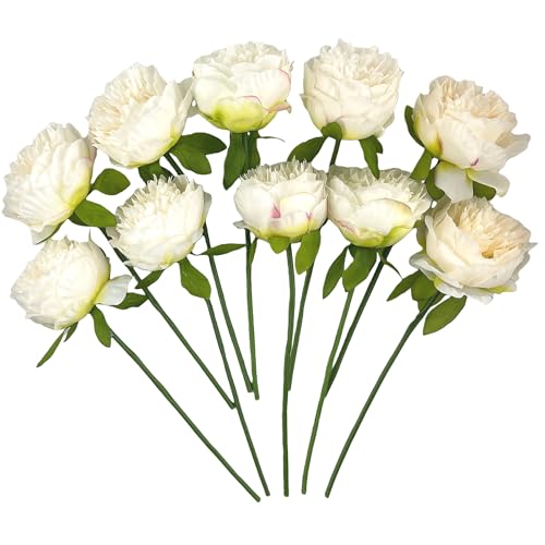 10pcs Artificial Peony Flowers Silk Peonies Realistic Flower Bouquet for Vase Decor Wedding Table Centerpieces Valentines Gifts (Ivory White) - color: White