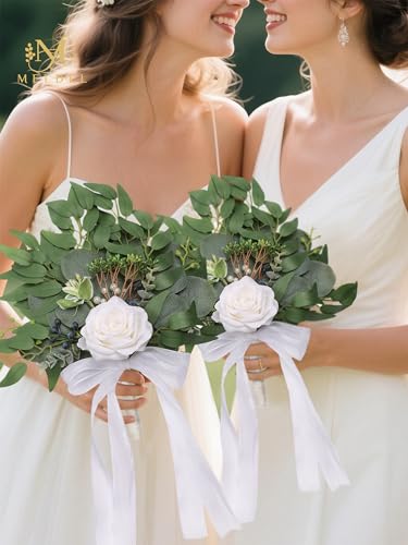 White Rose Wedding Bouquets for Bride and Bridesmaid,Premium Fabric Eucalyptus Greenery Wedding Floral Arrangements Suitable for Bridal Shower, Toss Bouquet, Wedding Centerpiece, Ceremony Decor - color: 1pcs White&green Bouquets