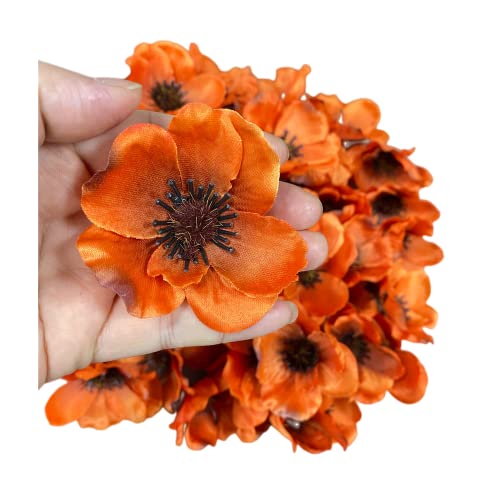 Rikyo 100 pcs Artificial Silk Poppy Anemone Flower Heads Autumn Fake Flower,Vase Fillers,Corsages for Wedding Decor,Nursery Wall,Archway Decor Wreath Garland Cake Ornaments,7cm Heads (Orange) - color: Orange