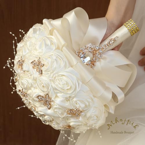 Handmade Wedding Flowers Bouquet Round Holding Bridal Bouquet Artificial Satin Roses Bunch for Bride Bridesmaid Wedding Quinceanera (Ivory, 8.7") - color: Ivory, size: Medium (Dia. 8.7"/22cm)