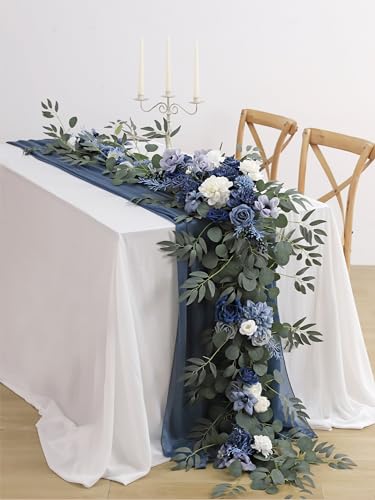 MISSPIN 9FT Eucalyptus and Willow Leaf Garland,Artificial Flowers Fake Flower Peony Rose Vine Greenery Decorative Wall Hanging Plant for Wedding Arch Door Arrangement Party Decor - color: Dusty Blue & Navy