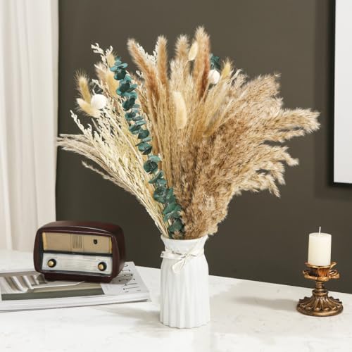 Musunny Dried Pampas Grass Decor ,17" Dried Flowers for Vase, Boho Dried Flower Bouquet with Eucalyptus for Farmhouse Home Room Office Décor - color: White02