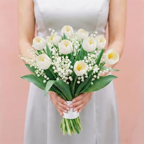 Tulips Artificial Flowers 20pcs Real Touch Fake Tulips Arrangement White Faux Flowers Tulip Stems for Wedding Spring Easter Valentine's Gift Home Table Decor (White) - color: White