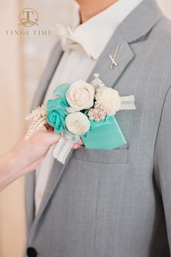 TINGE TIME Boutonniere for Men Wedding,Groom and Best Man Boutonniere for Wedding, Prom, Homecoming, Anniversary, Graduation, Christmas Dinner (1, Teal Blue & Champange) - color: Tb&cp