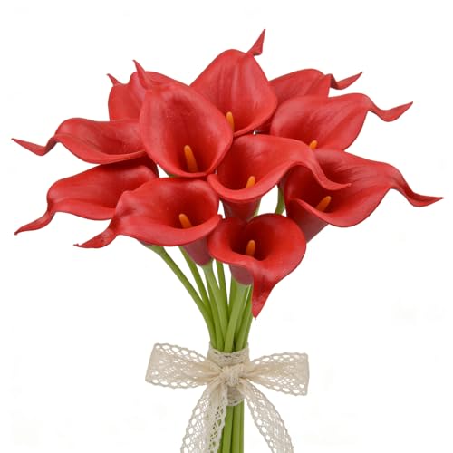 Calla Lily Bridal Wedding Festival Decor Bouquet Real Touch Latex Flower Bouquet Pack of 20 (red) - color: Red