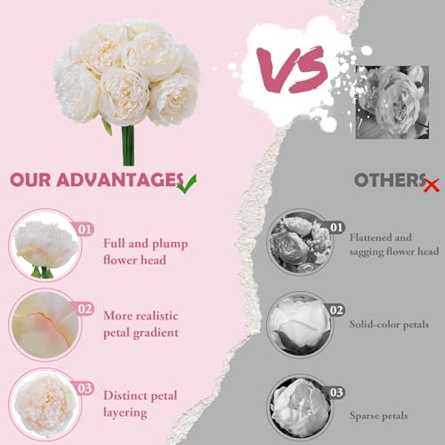 10PCS Off White Realistic Silk Peonies Bouquet, Waterproof & UV Resistant Faux Peony Flowers, All-Weather Artificial Stems for Outdoor, Grave, Wedding Centerpiece & Home Decor - color: Off White