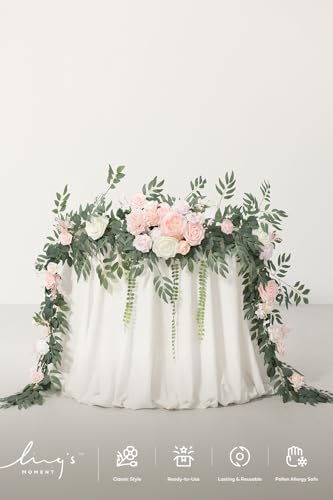 Ling's Moment 9FT Flower Garland for Backdrop Decorations - Wedding Arch Flowers, Eucalyptus & Rose, Artificial Floral Garland for Mantle - Sweetheart Table Decor for Ceremony Reception, French Pink - color: Pk-blush & Cream