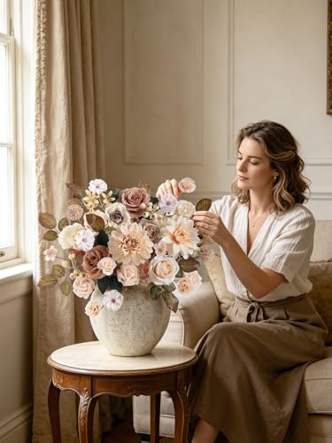 rongflower Artificial Flowers Combo Nude Brown Silk Flowers Dahlia & Rose with Stems for DIY Wedding Bridal Bouquets, Baby Shower, Floral Arrangement, Table Centerpieces, Home Decorations - color: Nude Brown