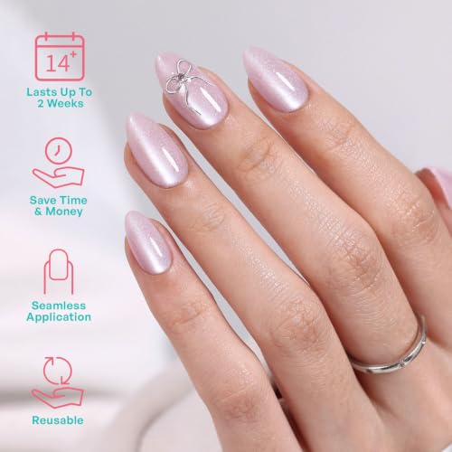 32Pcs Soft Gel Press on Nails for Women, Pink Cat Eye, Short Almond | Metal Chrome Bow Art False Fake Nails Press Ons for Office Daily Wear, Salon Quality Reusable Glue & Stick on Nail Gift Kit - color: 3H-Rose Sparkle