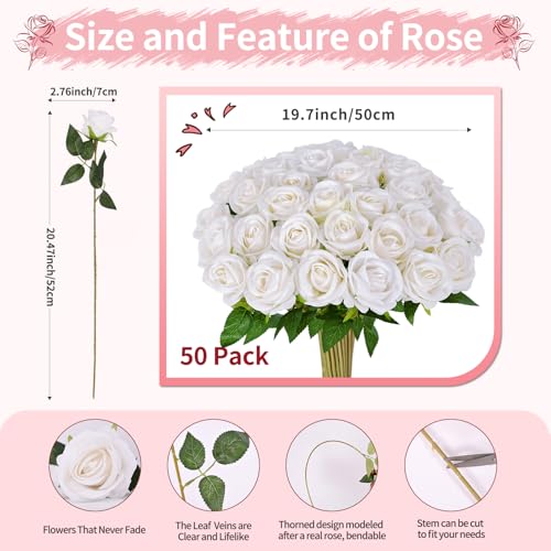 50 PCS White Roses Artificial Flowers, Fake White Roses Bouquet,White Artificial Silk Roses with Stems for DIY Wedding Flowers Decoration, Valentines Day Mothers Day, Bridal Bouquet Roses - color: White, size: 50 Pcs