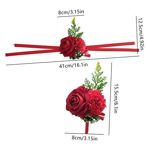 Jilukibo Red Corsage and Boutonniere Set Prom Suit, Artificial Rose Flower Bridesmaid Wrist Corsage Wristband for Groom Groomsmen, Bride Bridal Hand Ribbon Bracelet for Wedding Party Decor (2 Pack)