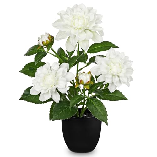GnFlus Artificial Plants & Flowers in Pot White Dahlia Artificial Flowers Potted Plant Faux Silk Flower with Pot Fake Flower for Home Bathroom Table Centerpieces Wedding Shelf Desk Decor 16.5 Inch - color: White-16.5