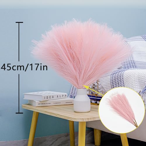 10 Stems Pink Pampas Grass Decor - 17.7" Faux Pampas Grass Artificial Fluffy Small Flower Arrangement and Vase Filler for Boho Home Wedding Mothers Day Decoration - color: Pink