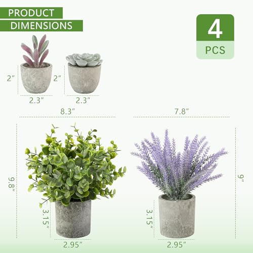 ALAGIRLS 4 Packs Fake Plants Small Artificial Plants for Shelf Lavender Flowers Eucalyptus Succulents Plants Potted Faux Plants for Home Indoor Office Bathroom Living Room Decor - color: Lavender-4pc