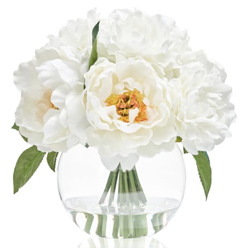 WELL KNOWN Artificial Flowers in Vase, Silk White Peonies Flowers with Glass Vase & Faux Water, Fake Flower Arrangement for Home Table Centerpieces Spring Wedding Party Decor Mom's Birthday Gift - color: Ivory White