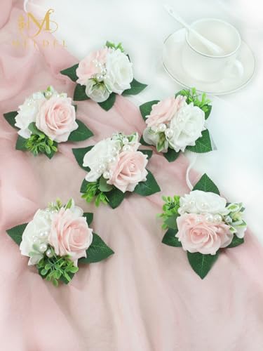 Pink&White Boutonniere for Men Wedding, Set of 6,Elegant Pearls Rose Boutonniere for Groom Groomsman Prom,Homecoming,Anniversary,Party,Prom Flowers and Vintage Wedding - color: White&pink Boutonniere 6pcs