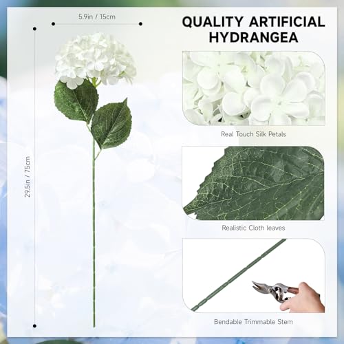 6 PCS Artificial Hydrangea Flowers, Faux Silk Hydrangea with Long Stems, Home Wedding Decor, Table Centerpieces, Party Decorations(White) - color: White