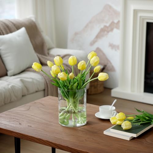 mizii 15Pcs Yellow Tulips Artificial Flowers Latex Plastic Real Touch Fake Tulips Flowers Look Real Faux Tulip Flower Bouquet Decoration for Vase Room Table Centerpieces Home Decor (Yellow) - color: Yellow