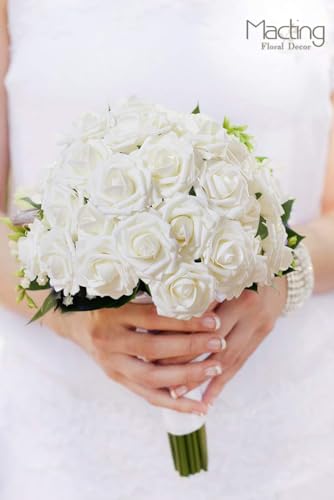MACTING Artificial Flower Roses 30PCS Real Looking Fake Roses with Stem Foam Flowers for DIY Wedding Bouquets Table Centerpieces Party Baby Shower Home Summer Mothers Day Decorations,Ivory - color: Ivory, size: 30PCS