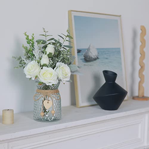 Faux Flowers with Vase,Artificial Silk Roses in Vase, Fake Plant Eucalyptus Flower Arrangement for Home Office Farmhouse Bathroom Dining Table Centerpiece Decorations Coffee Table Decor (White) - color: White